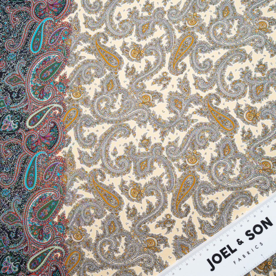 Midnight & Beige Paisley Printed Silk Blend Twill
