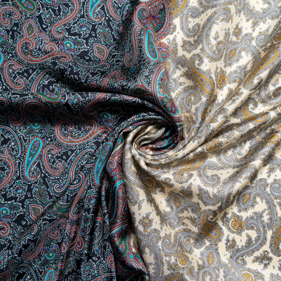 Midnight & Beige Paisley Printed Silk Blend Twill