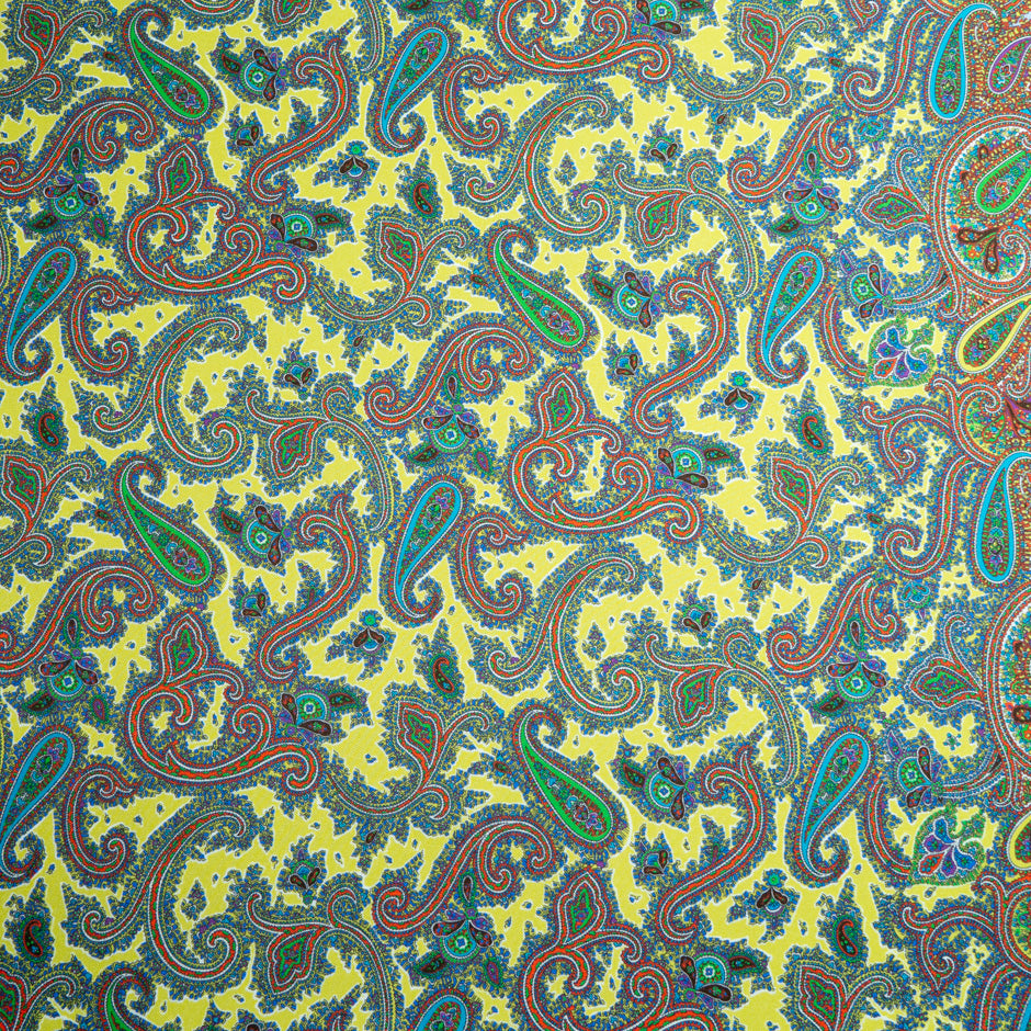 Blue & Yellow Paisley Printed Silk Blend Twill