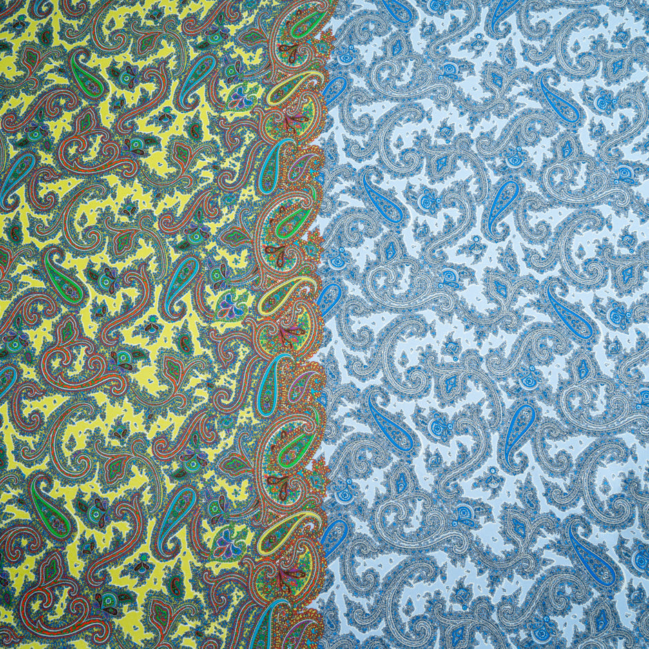 Blue & Yellow Paisley Printed Silk Blend Twill