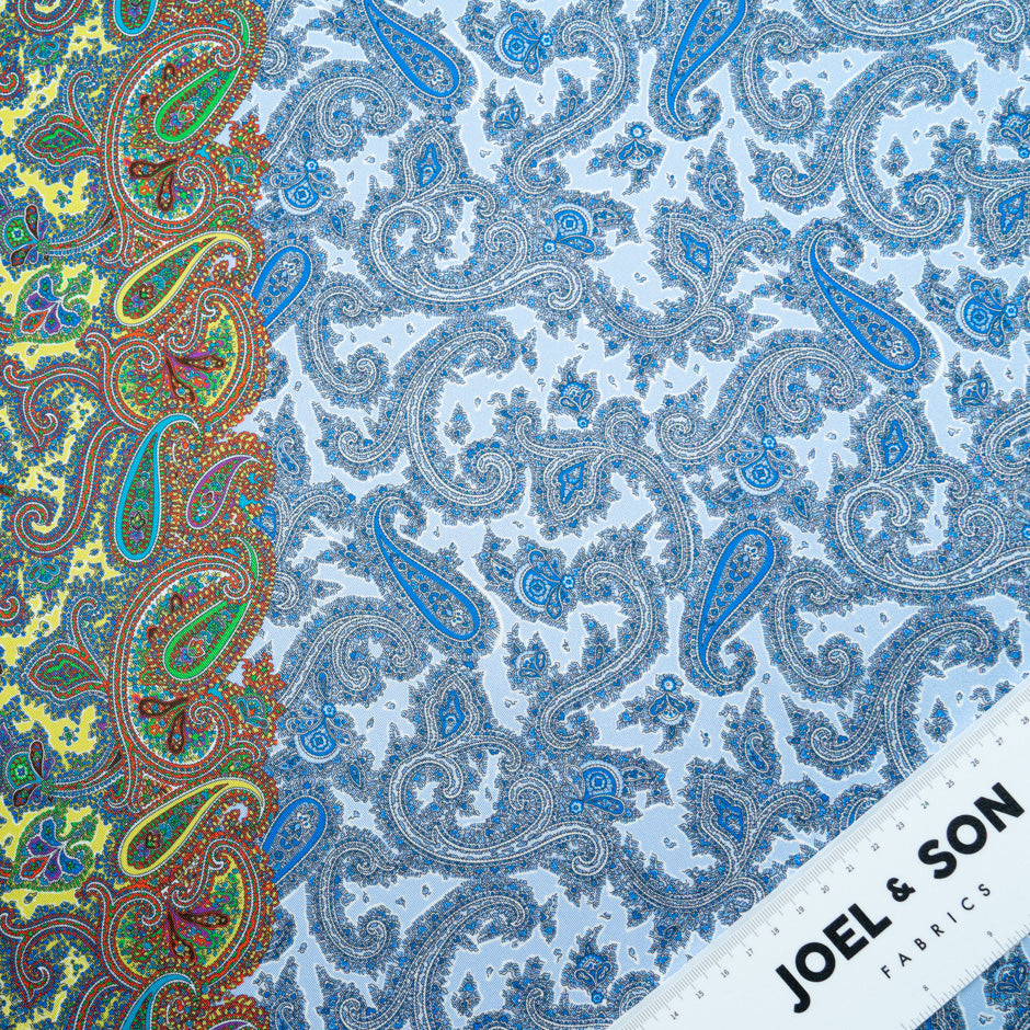 Blue & Yellow Paisley Printed Silk Blend Twill
