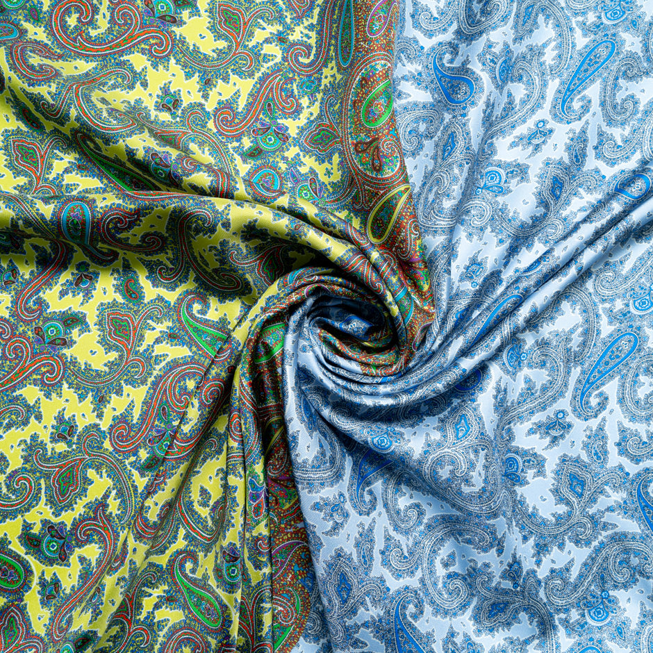 Blue & Yellow Paisley Printed Silk Blend Twill
