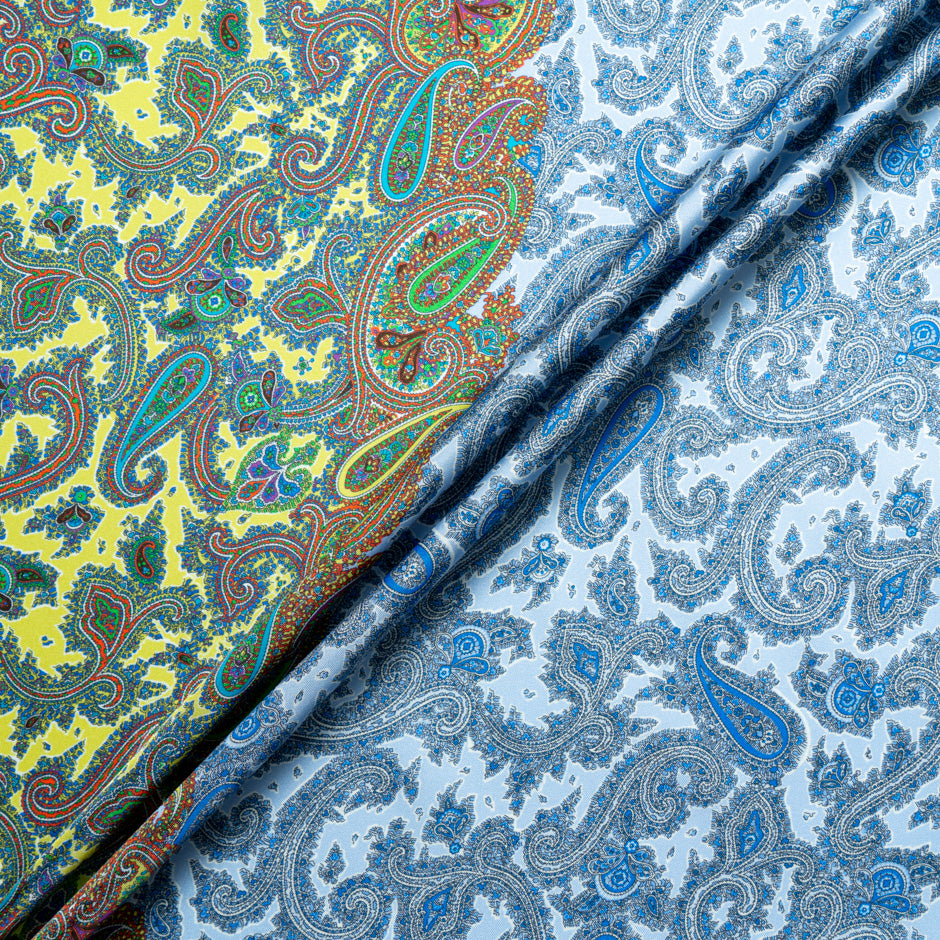 Blue & Yellow Paisley Printed Silk Blend Twill