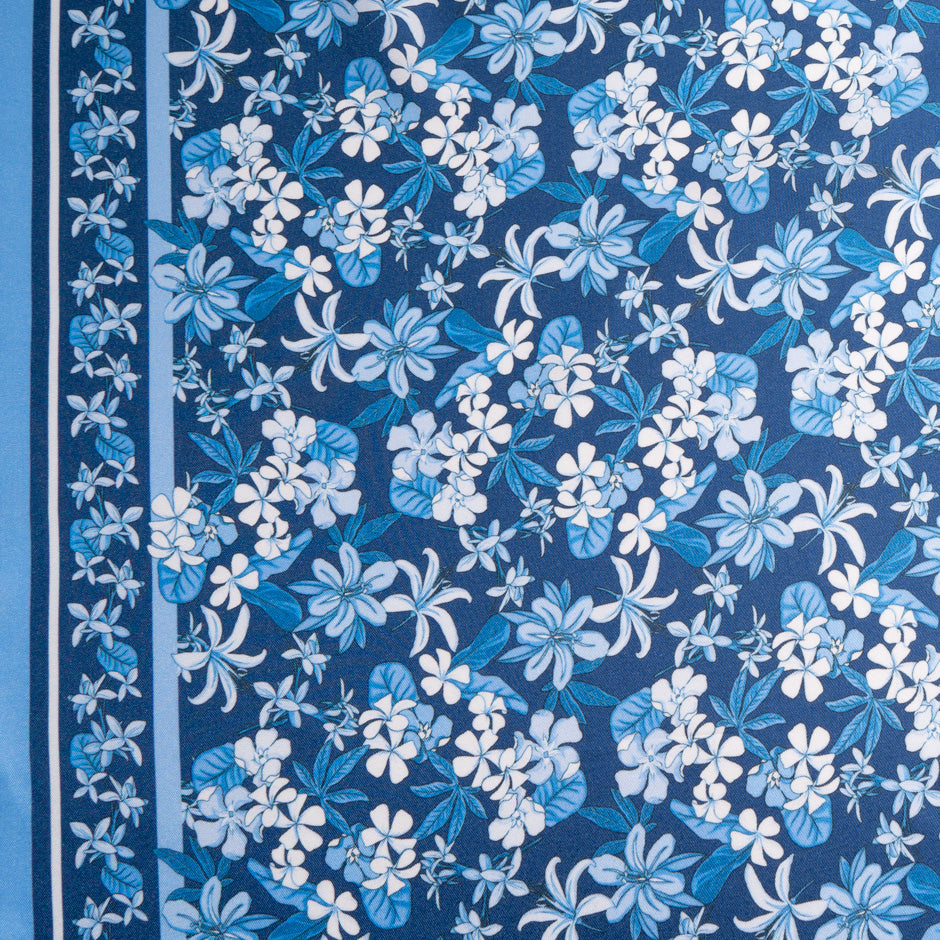 Blue Floral Printed Silk Blend Twill