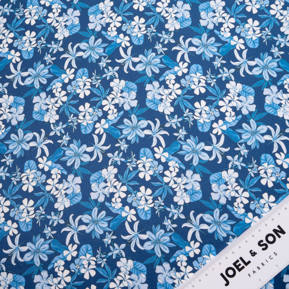 Blue Floral Printed Silk Blend Twill