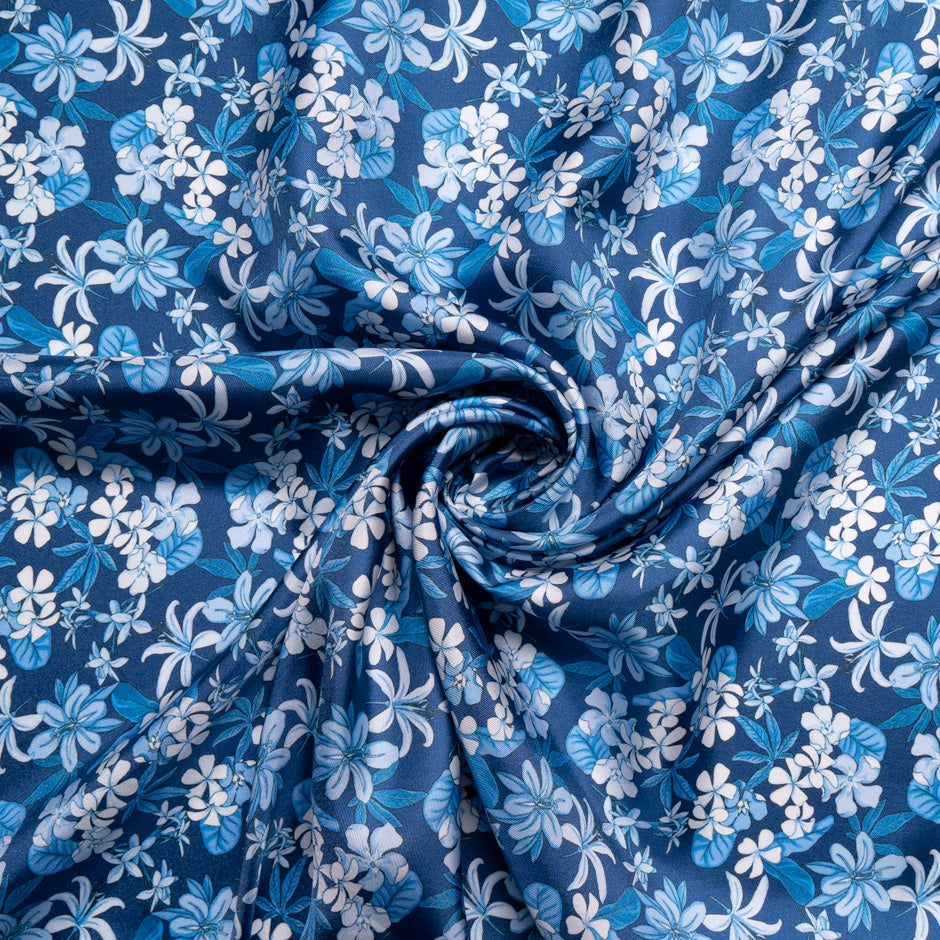 Blue Floral Printed Silk Blend Twill