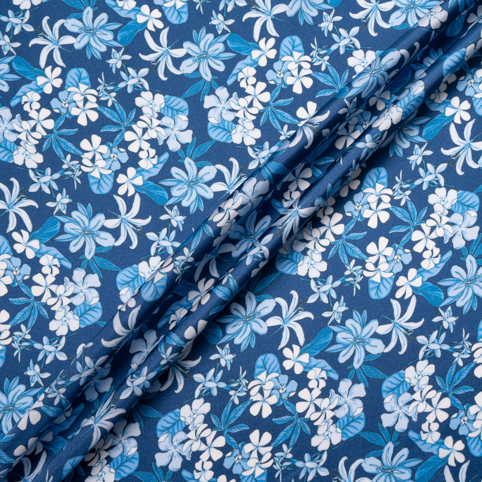Blue Floral Printed Silk Blend Twill