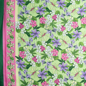 Fuchsia Floral Printed Green Silk Blend Twill
