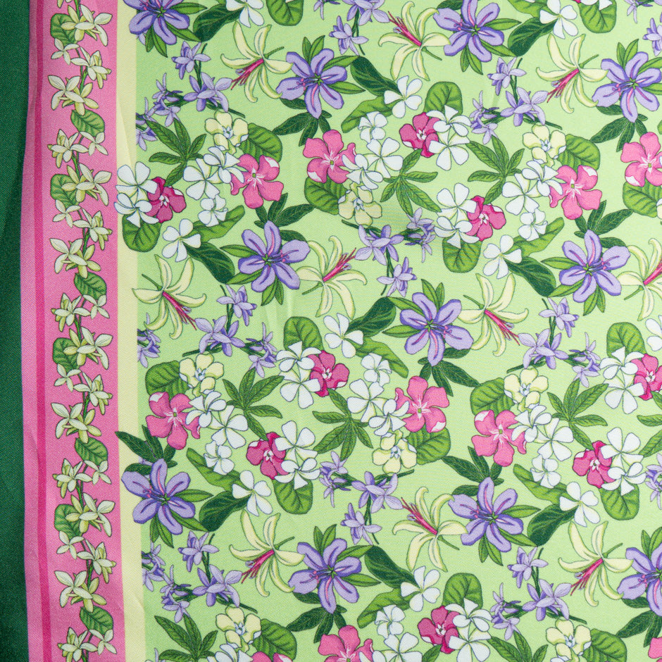 Fuchsia Floral Printed Green Silk Blend Twill