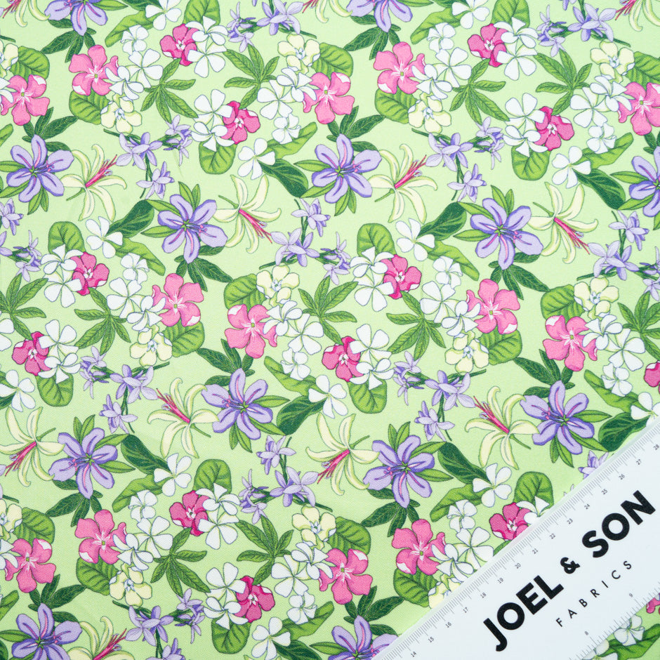 Fuchsia Floral Printed Green Silk Blend Twill