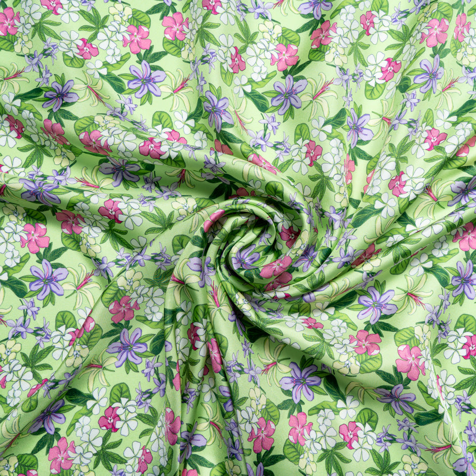 Fuchsia Floral Printed Green Silk Blend Twill