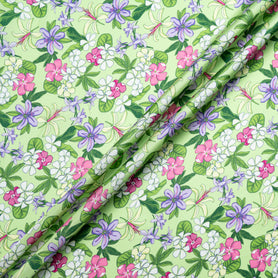 Fuchsia Floral Printed Green Silk Blend Twill