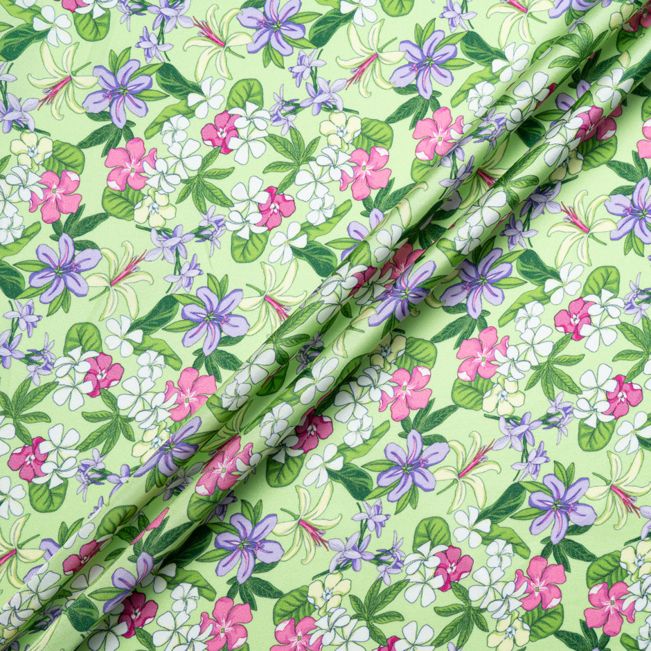 Fuchsia Floral Printed Green Silk Blend Twill