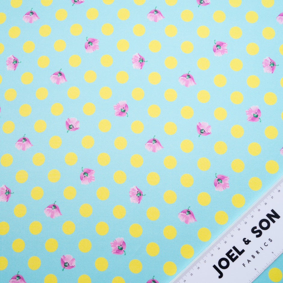 Yellow Spotted Ice Blue Printed Silk Blend Twill (A 2m Piece)