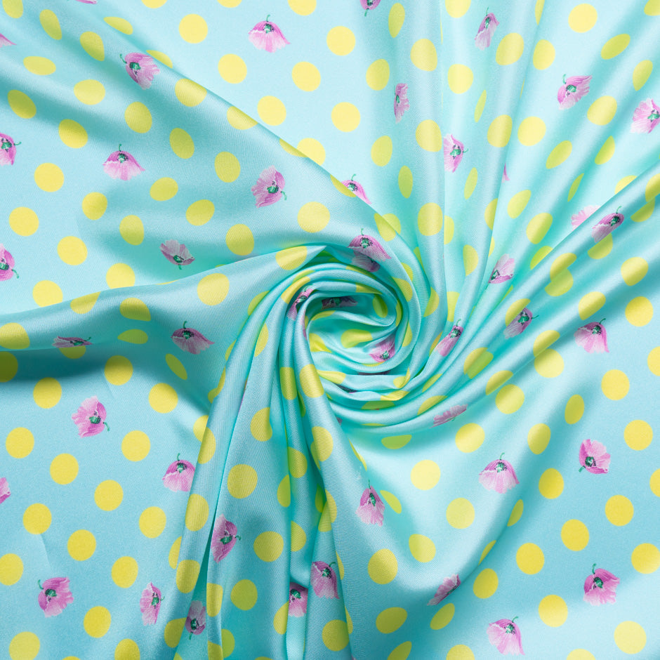 Yellow Spotted Ice Blue Printed Silk Blend Twill (A 2m Piece)