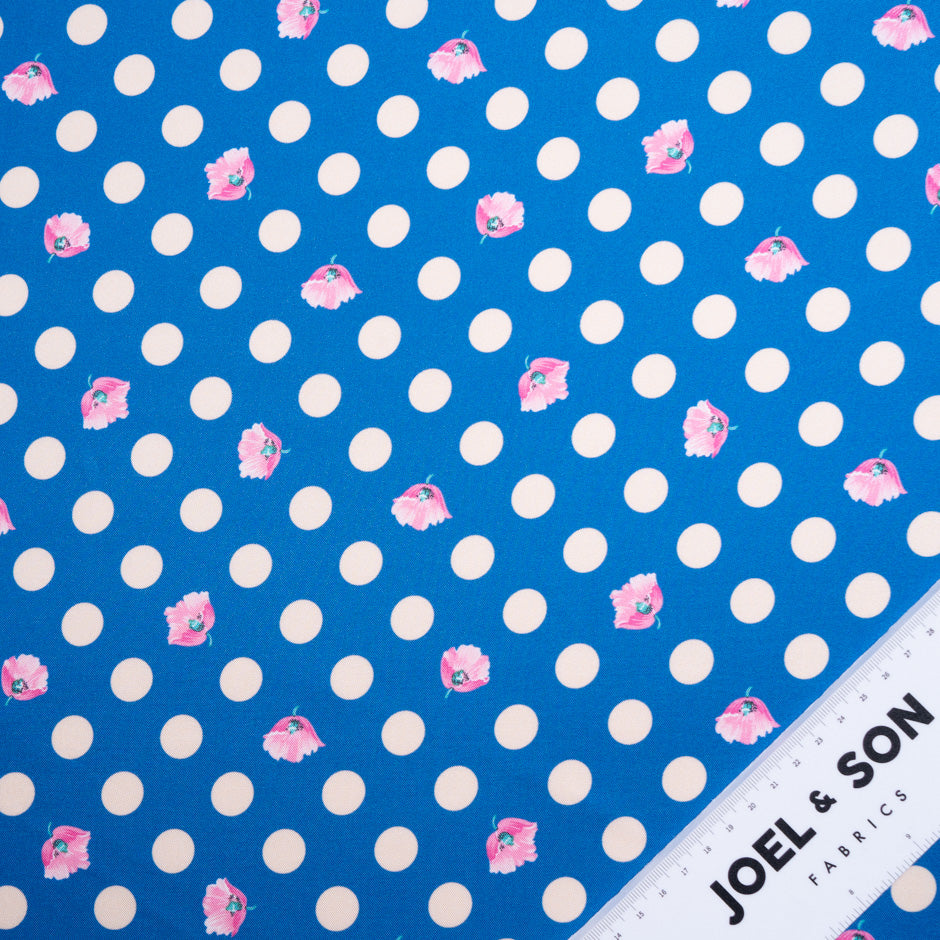 Pink Spotted Royal Blue Printed Silk Blend Twill (A 1.10m Piece)