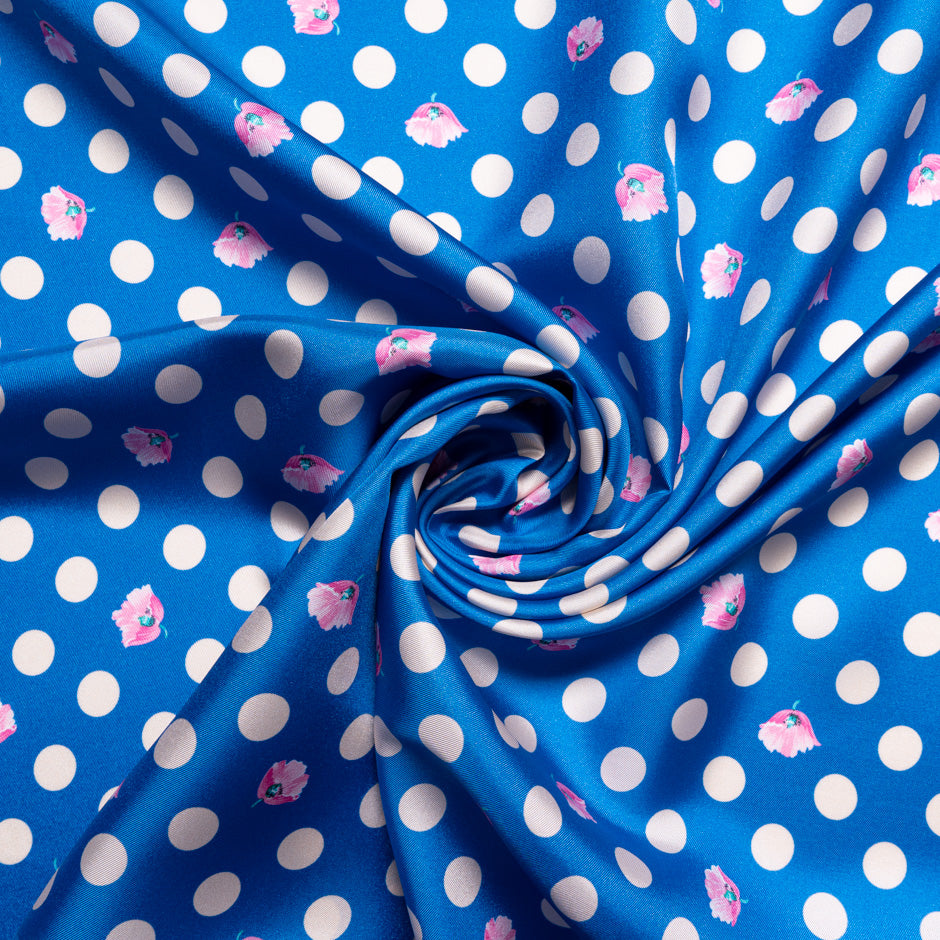 Pink Spotted Royal Blue Printed Silk Blend Twill (A 1.10m Piece)