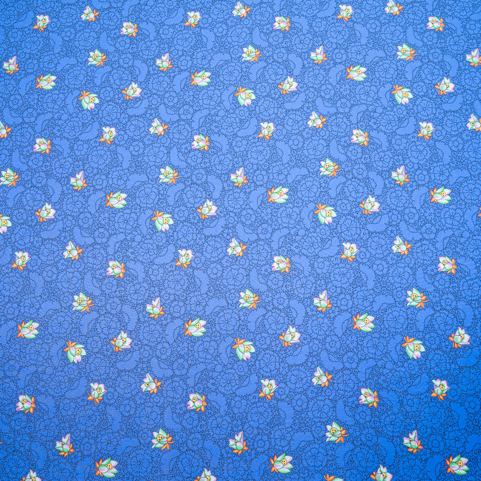 'Sketched' Floral Printed Royal Blue Silk Blend Twill