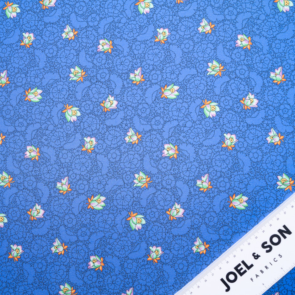 'Sketched' Floral Printed Royal Blue Silk Blend Twill
