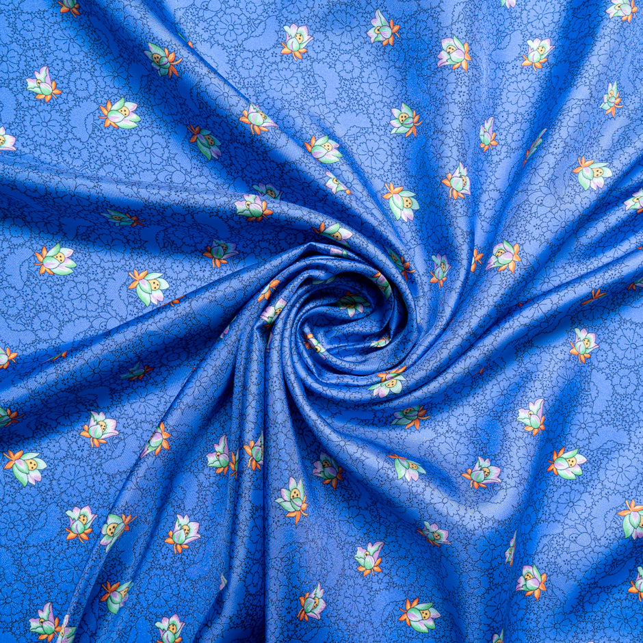 'Sketched' Floral Printed Royal Blue Silk Blend Twill
