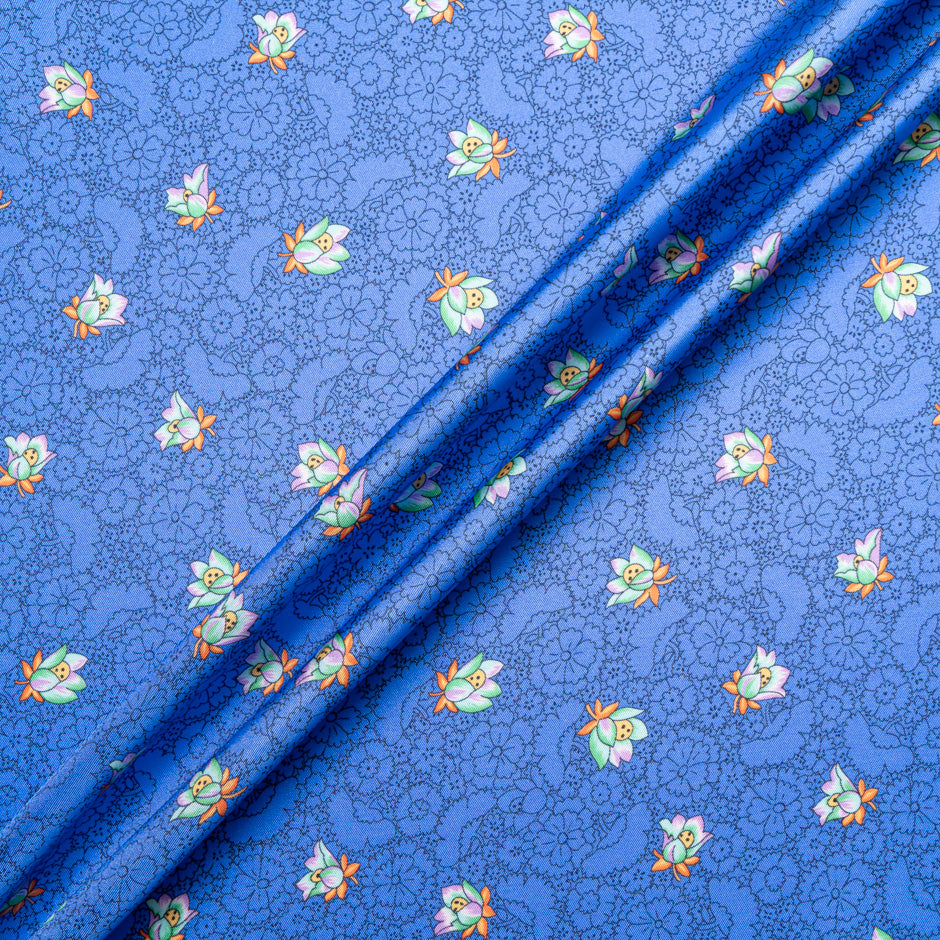 'Sketched' Floral Printed Royal Blue Silk Blend Twill
