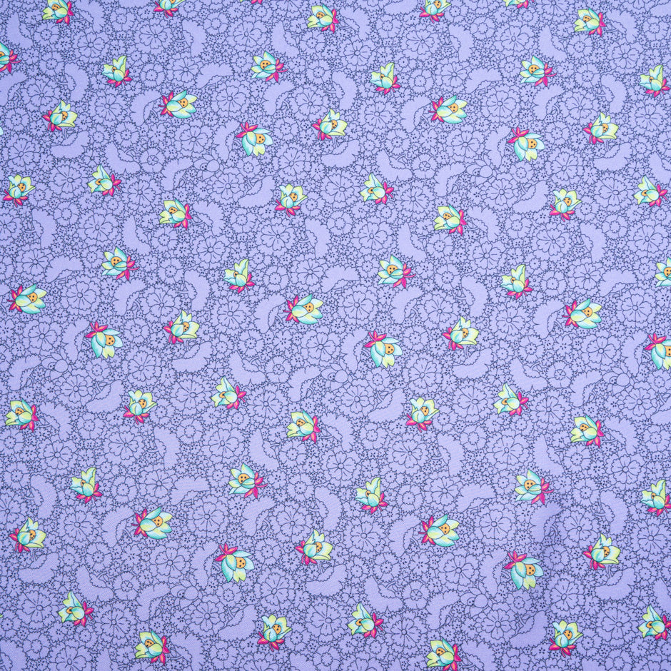 'Sketched' Floral Printed Purple Silk Blend Twill
