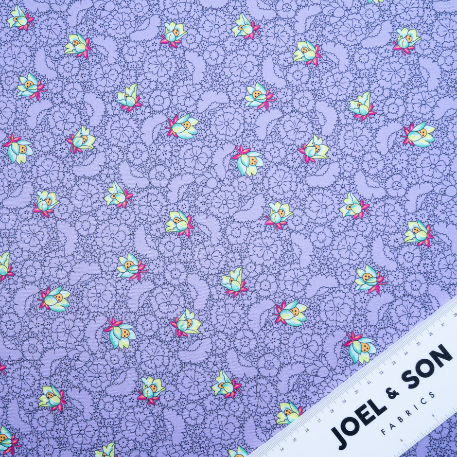 'Sketched' Floral Printed Purple Silk Blend Twill