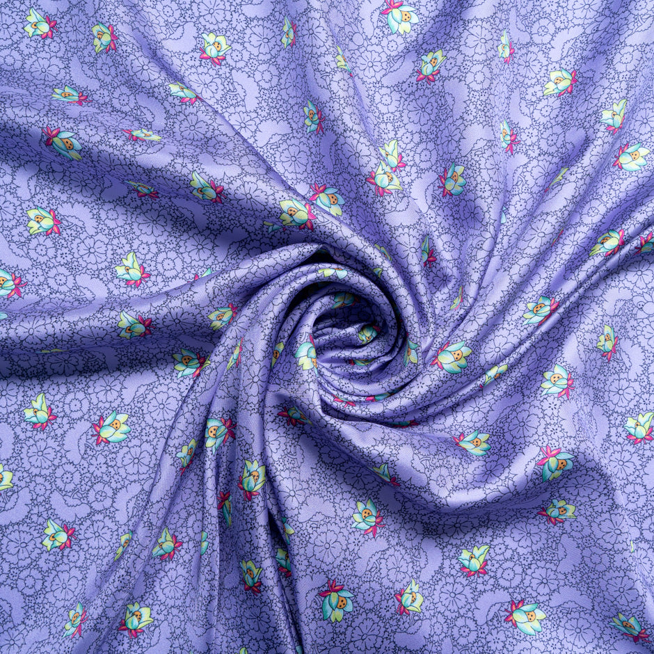 'Sketched' Floral Printed Purple Silk Blend Twill