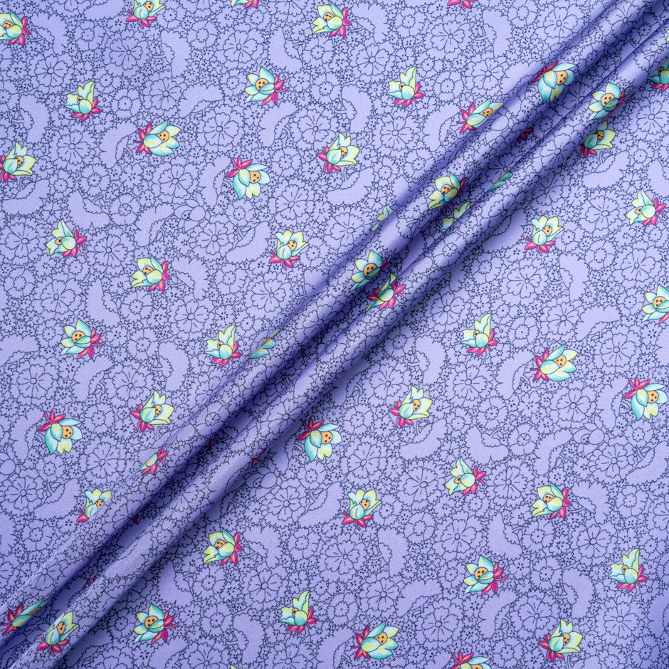 'Sketched' Floral Printed Purple Silk Blend Twill