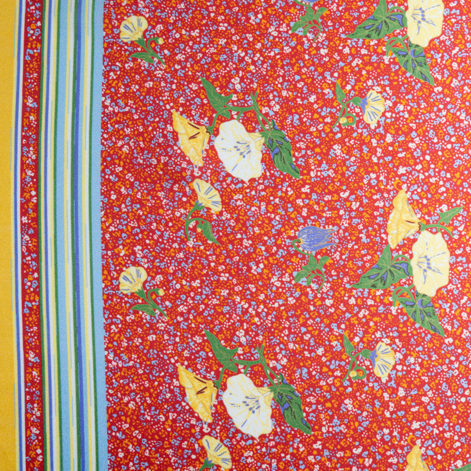 Yellow Floral Printed Red Silk Blend Twill