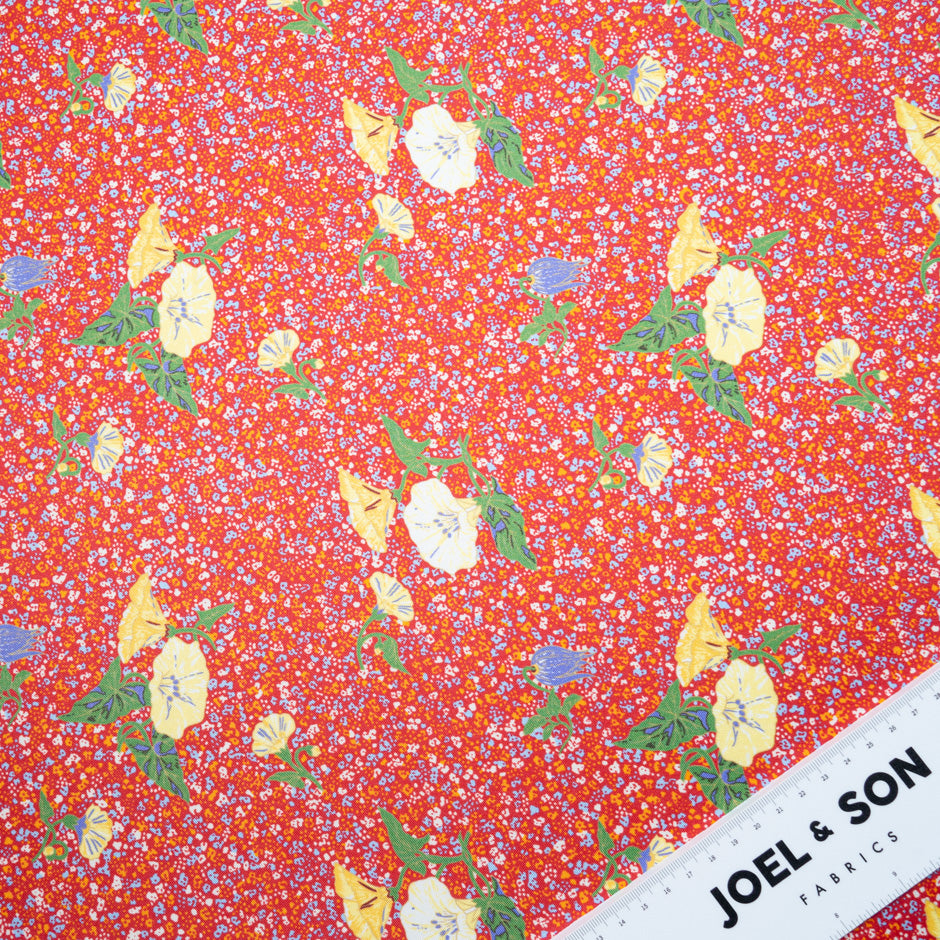 Yellow Floral Printed Red Silk Blend Twill