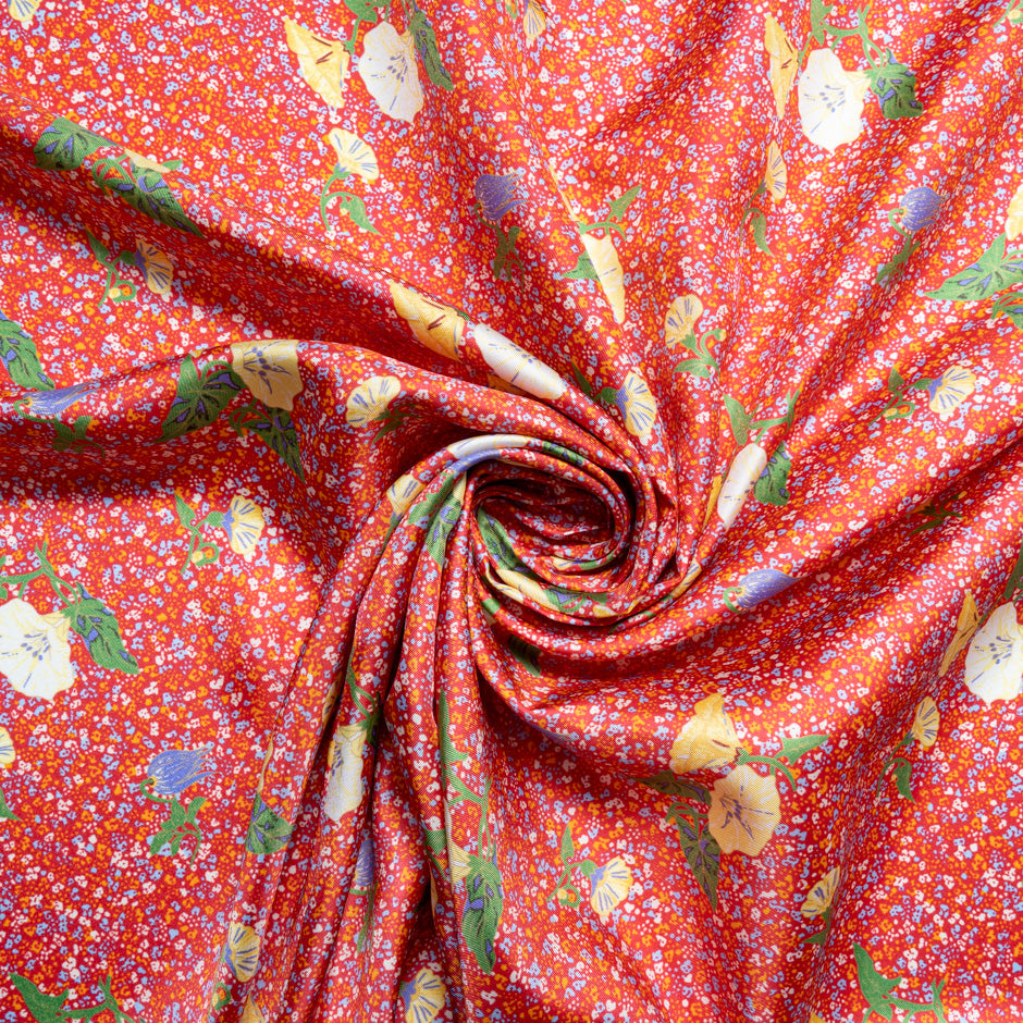 Yellow Floral Printed Red Silk Blend Twill