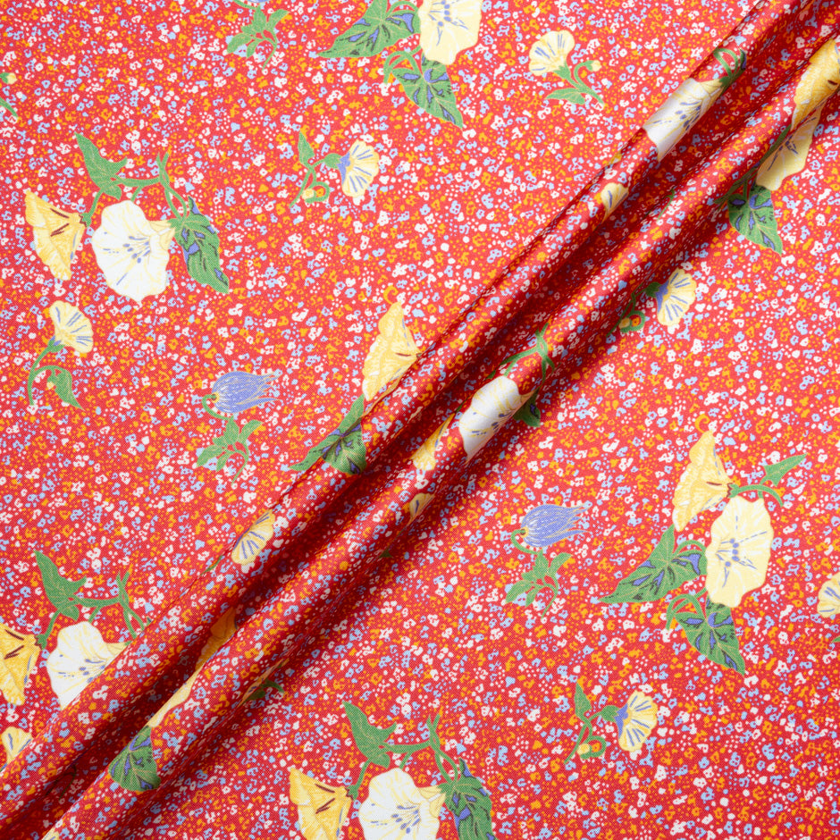 Yellow Floral Printed Red Silk Blend Twill