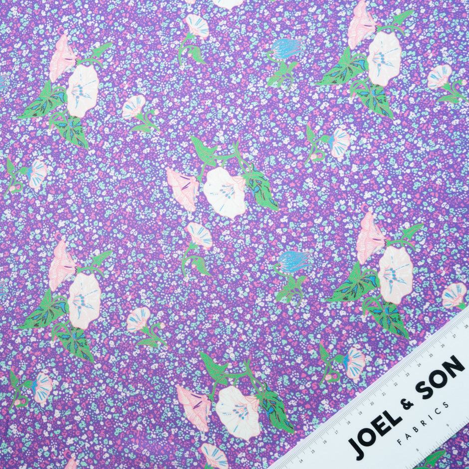 Floral Printed Aqua & Purple Silk Blend Twill