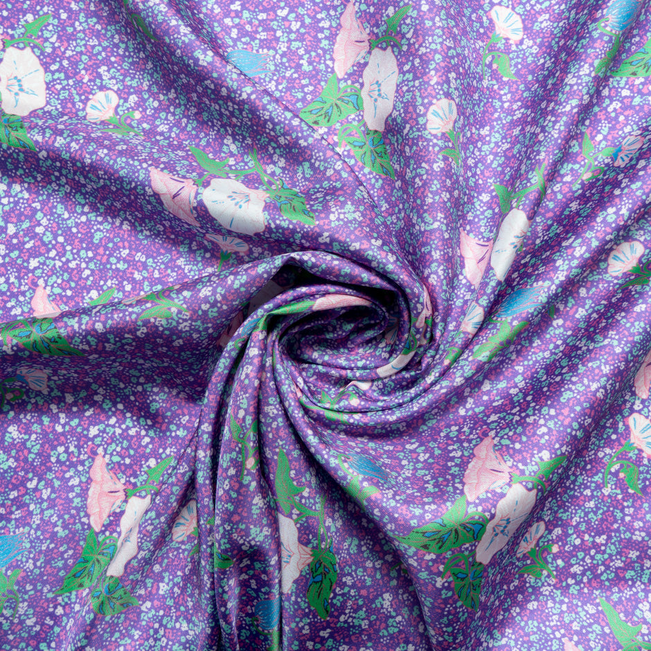 Floral Printed Aqua & Purple Silk Blend Twill
