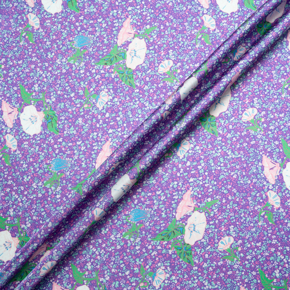 Floral Printed Aqua & Purple Silk Blend Twill
