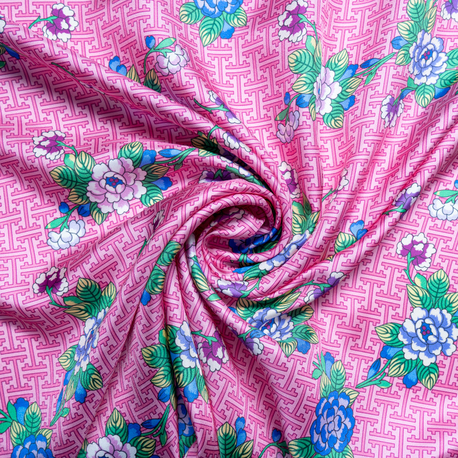 Floral Printed Candy Pink Silk Blend Twill