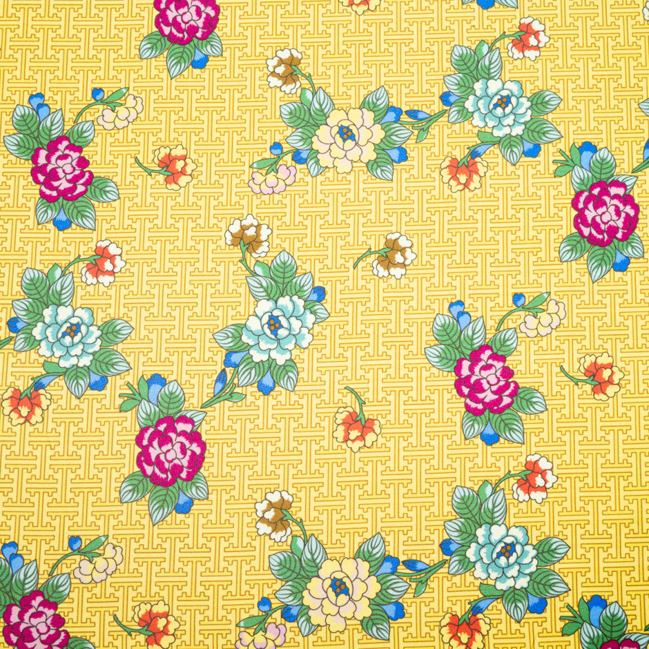 Multi Floral Printed Yellow Silk Blend Twill