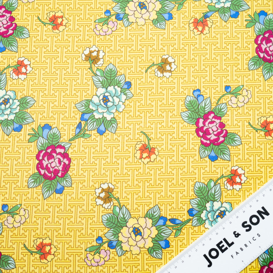 Multi Floral Printed Yellow Silk Blend Twill