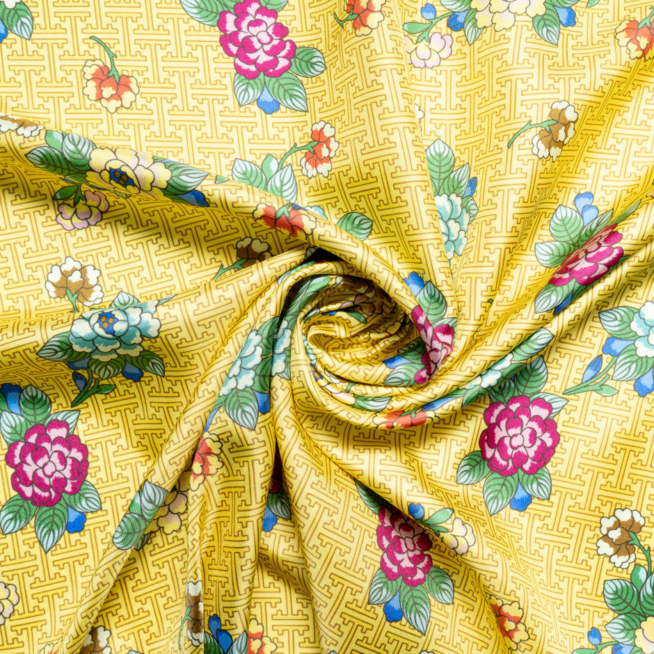 Multi Floral Printed Yellow Silk Blend Twill