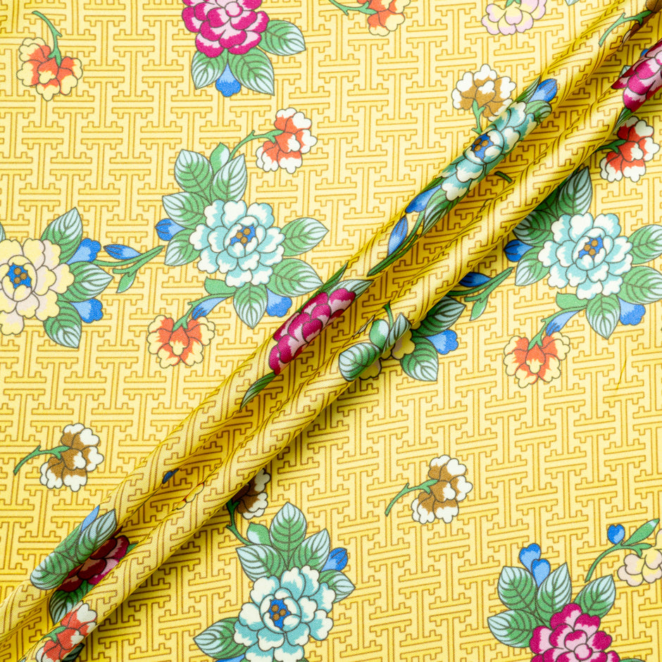Multi Floral Printed Yellow Silk Blend Twill