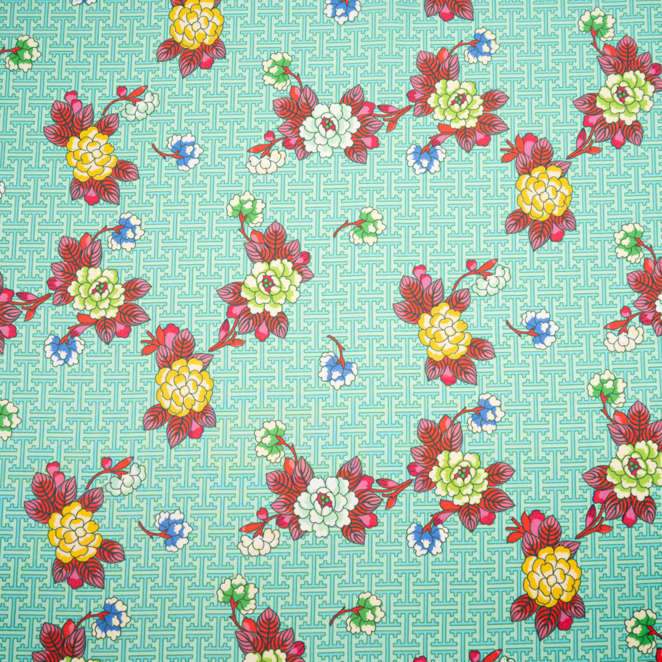 Multi Floral Printed Mint Green Silk Blend Twill