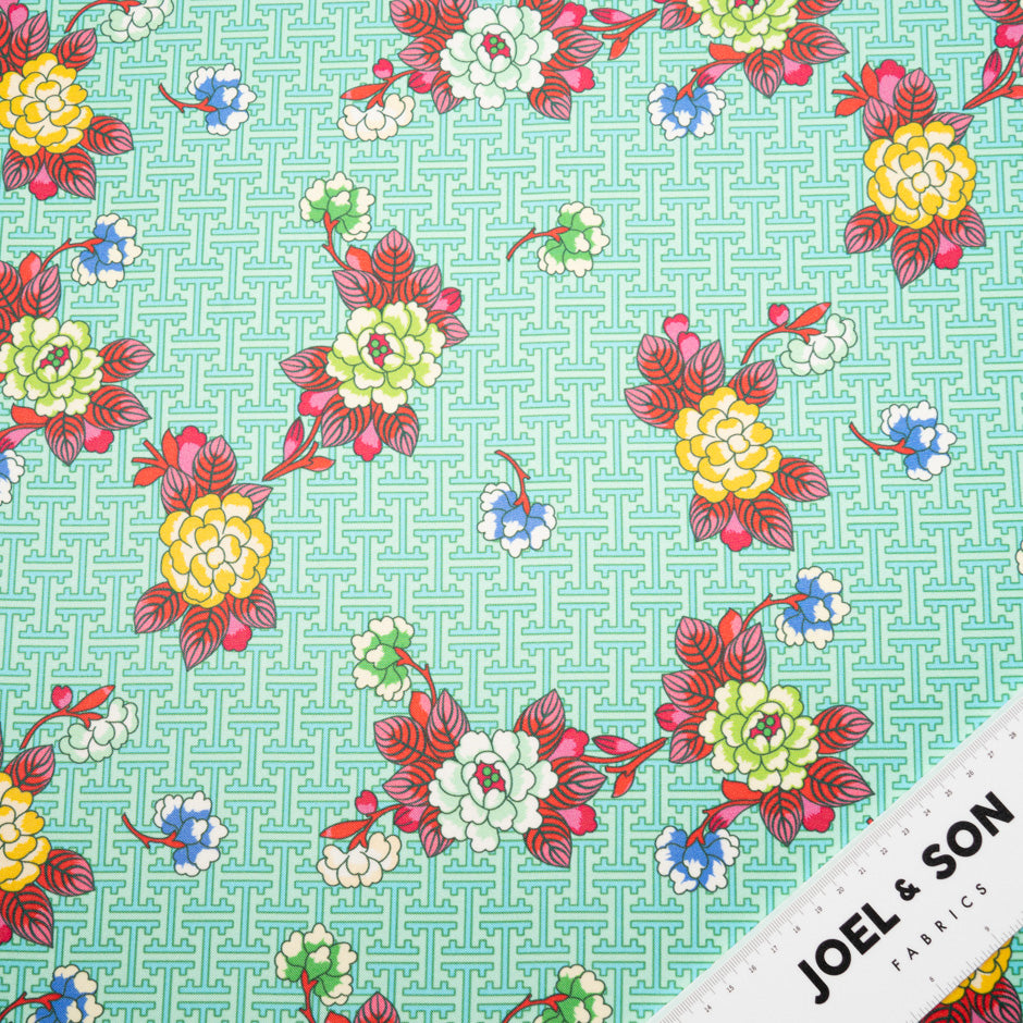 Multi Floral Printed Mint Green Silk Blend Twill
