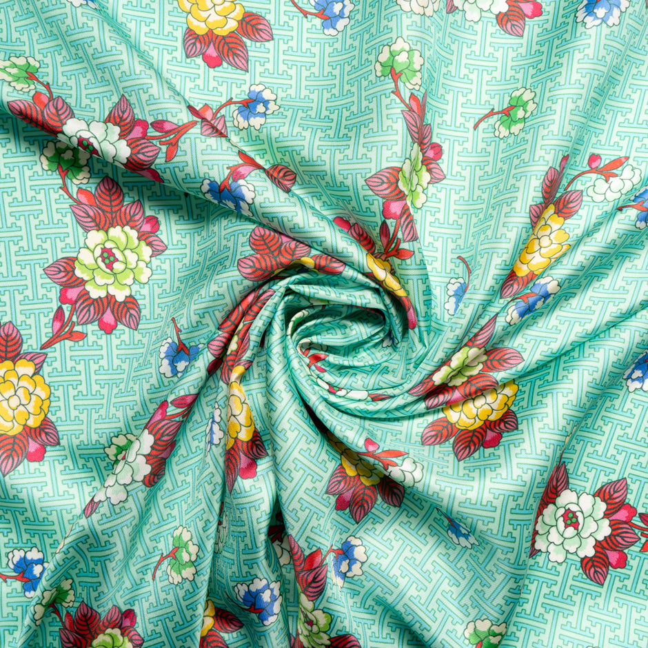 Multi Floral Printed Mint Green Silk Blend Twill