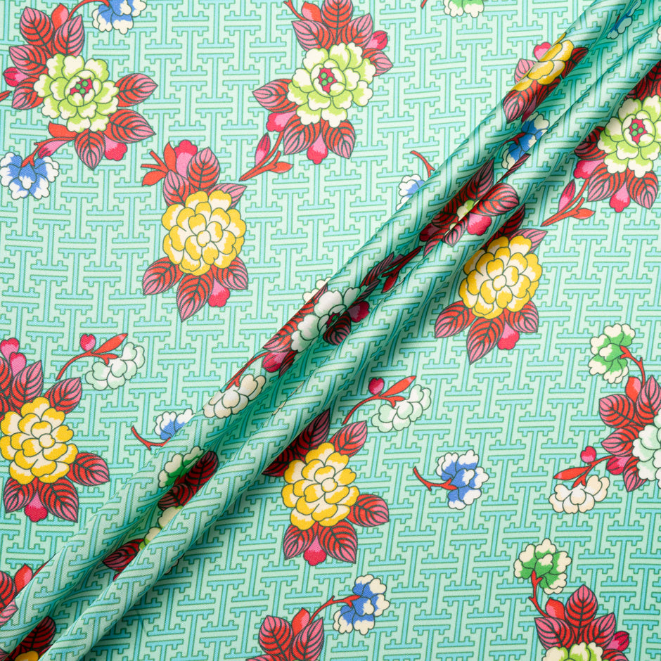 Multi Floral Printed Mint Green Silk Blend Twill