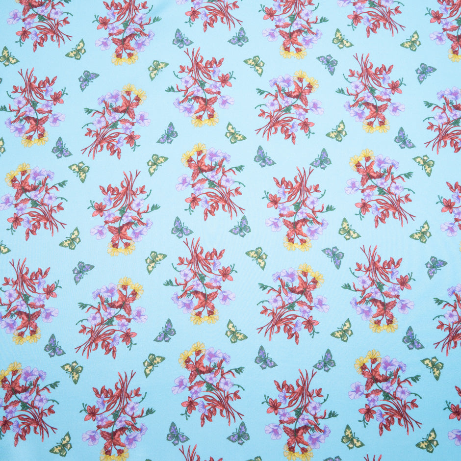Butterfly & Floral Printed Sky Blue Silk Blend Twill