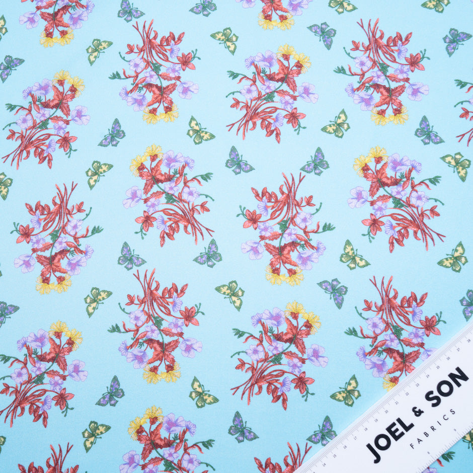 Butterfly & Floral Printed Sky Blue Silk Blend Twill
