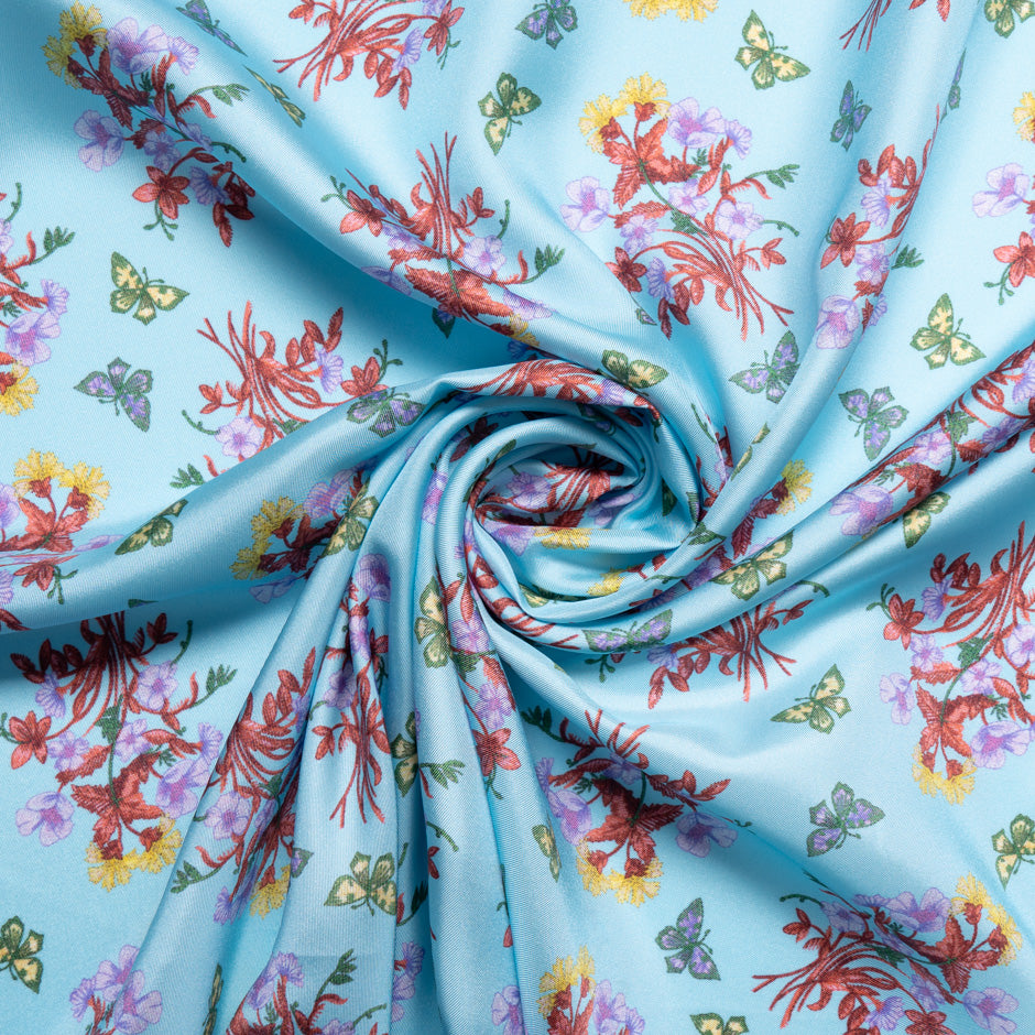 Butterfly & Floral Printed Sky Blue Silk Blend Twill