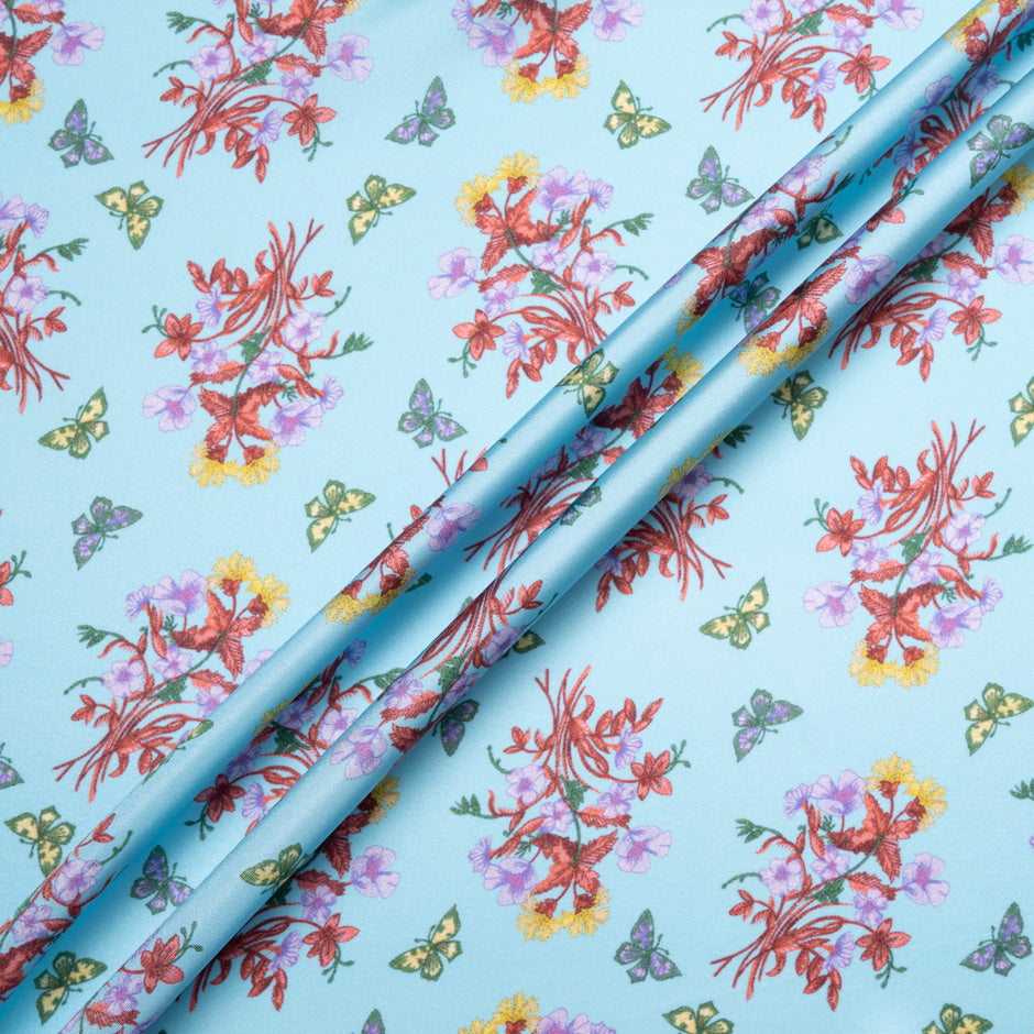 Butterfly & Floral Printed Sky Blue Silk Blend Twill