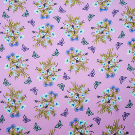 Butterfly & Floral Printed Pink Silk Blend Twill